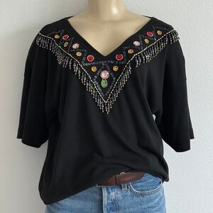 Vintage Naomi Bee Beaded T-Shirt Embellished S Black Short Sleeve